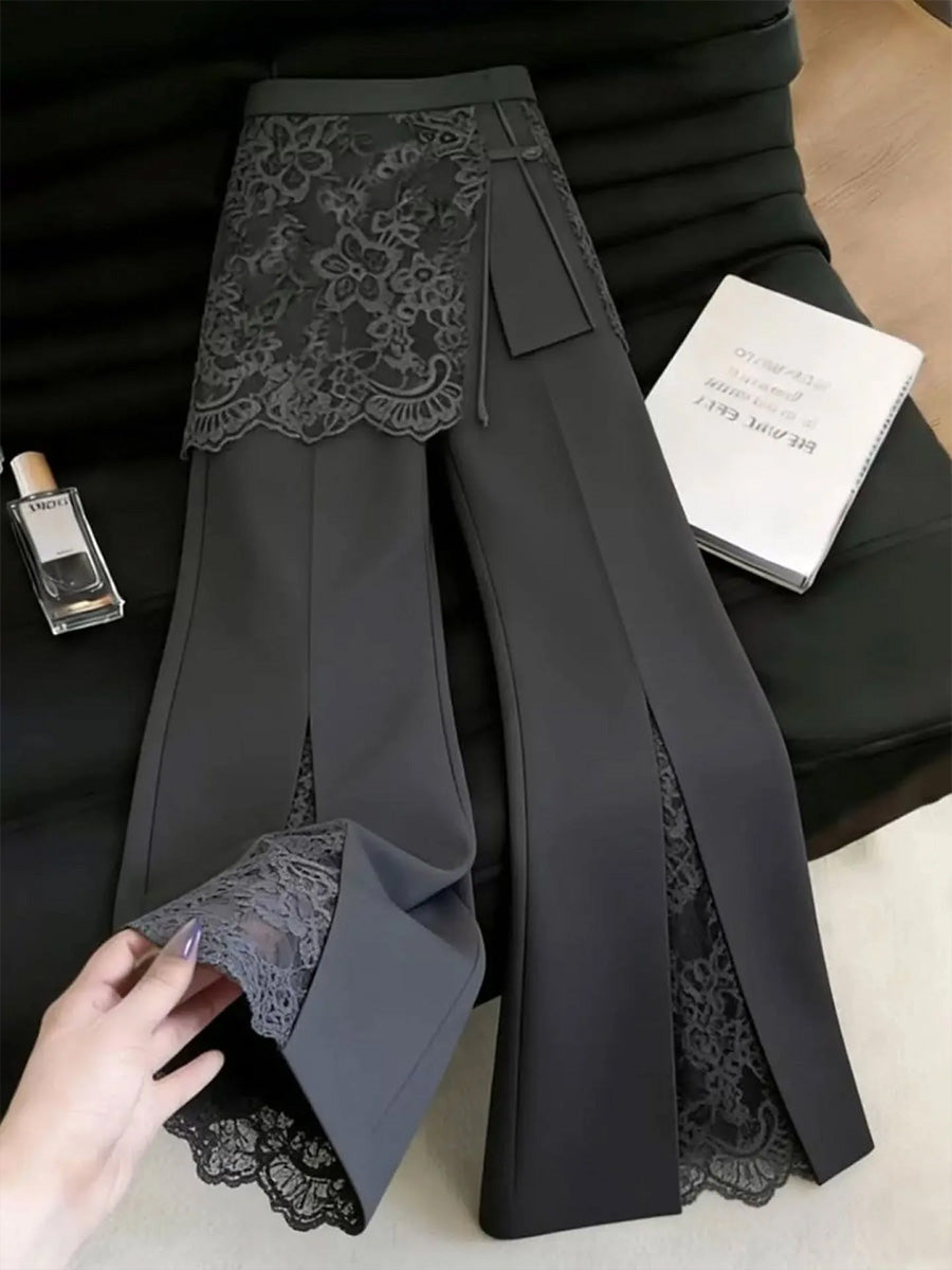 Women's Solid-color High-waisted Wide-leg Pants With Lace Splicing
