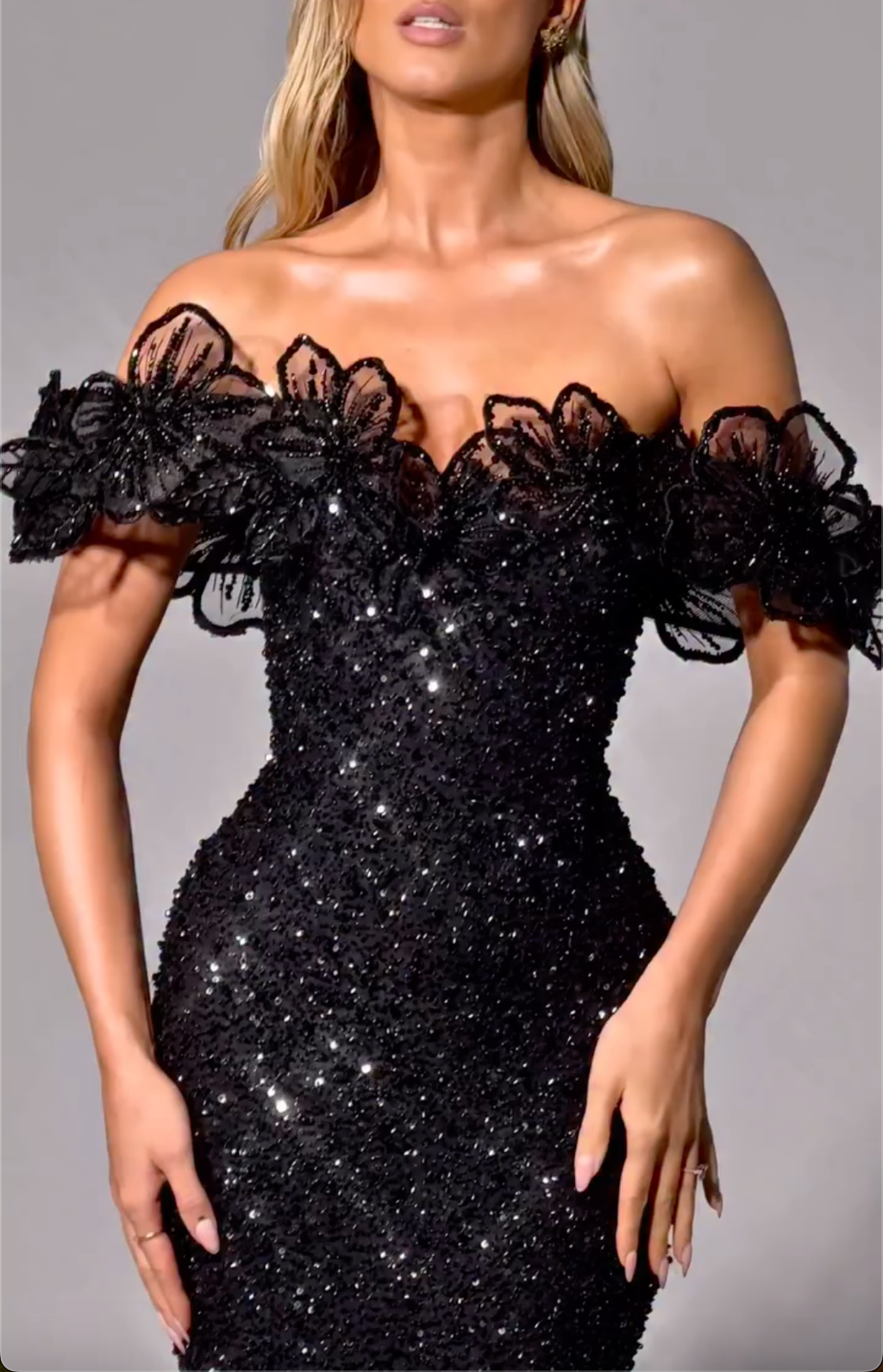 Black Off-the-Shoulder Sequin Mermaid Maxi Dress with Beaded Lace Ruffle Trim