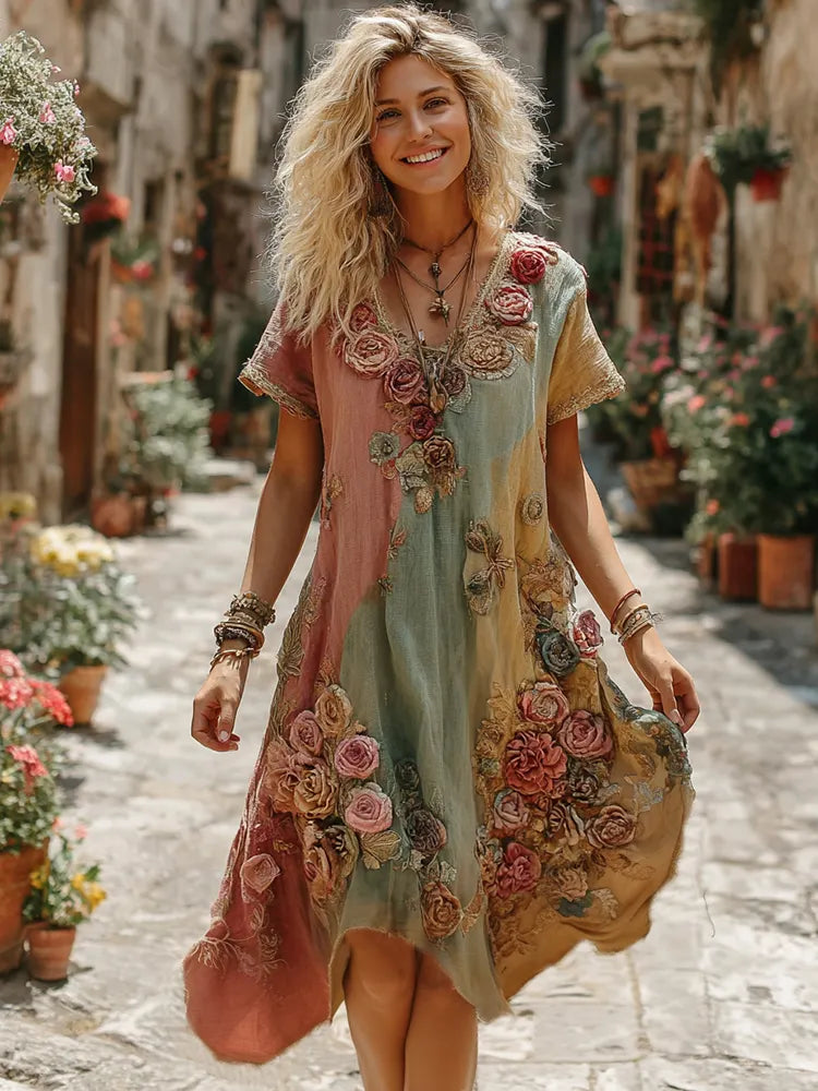 The Ice Cream Collection Women's Classic Bohemian Floral And Rose Gradient Art Linen V Neck Midi Dress