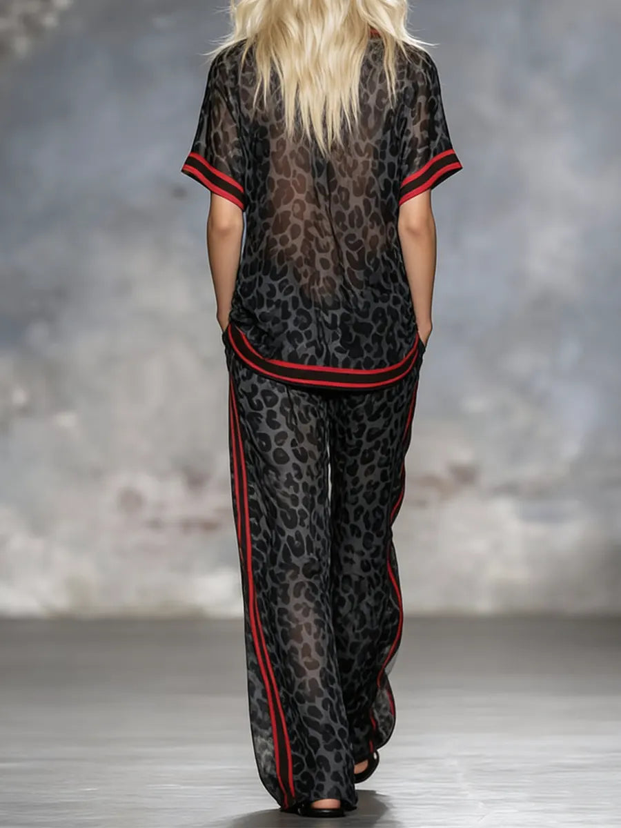 Women's Retro Leopard Art Print Short Sleeve Stylish Casual Top And Pants Suits