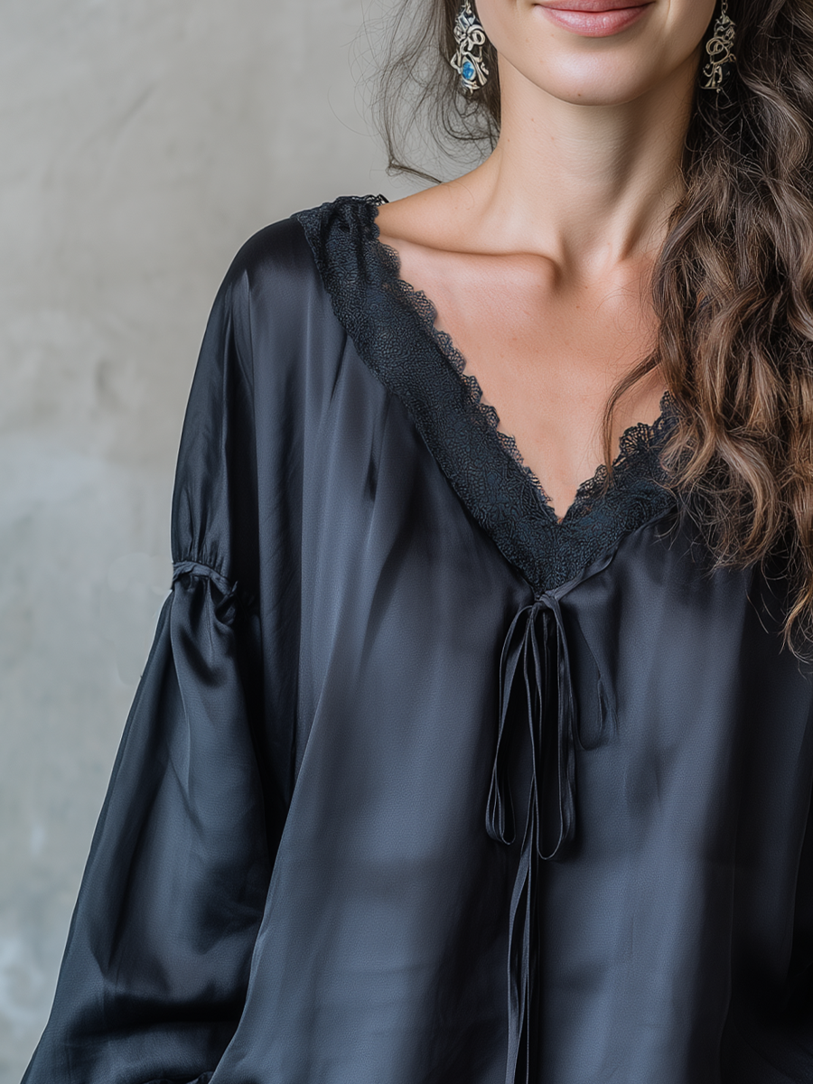 Luxurious Black Lace Trim Satin Blouse