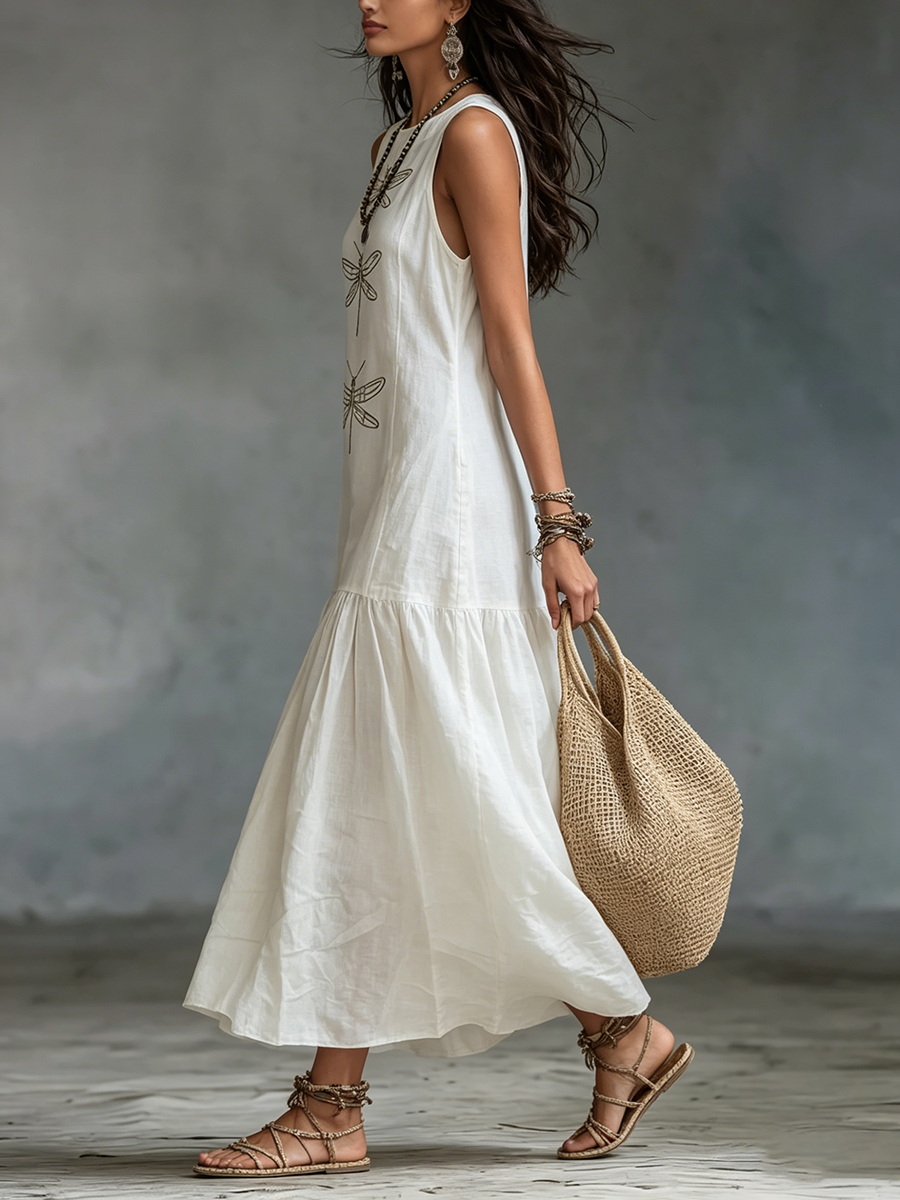 Retro Boho Dragonfly-print Cotton-linen Maxi Dress