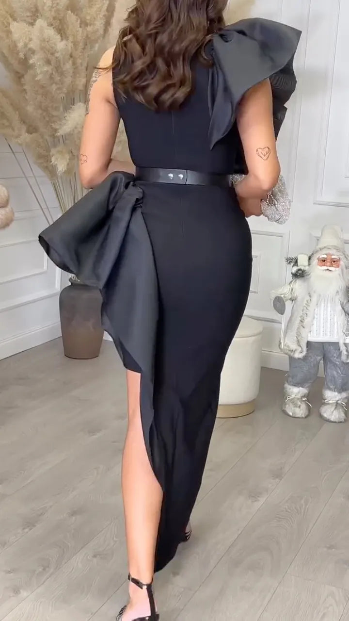 Women's Black Round-Neck Asymmetrical Ruffled Fishtail Evening Gown
