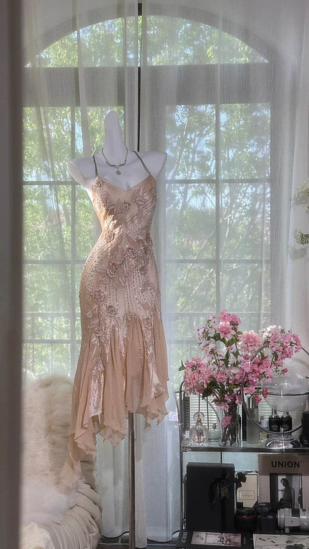 Pink Gorgeous Exquisite Floral Delicate Beading Long Chiffon Homecoming Dress Ball Gown Evening Gown Party Dress 4160