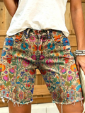 Ethnicity Flowers Geometry Women's Art Print Casual Denim Shorts