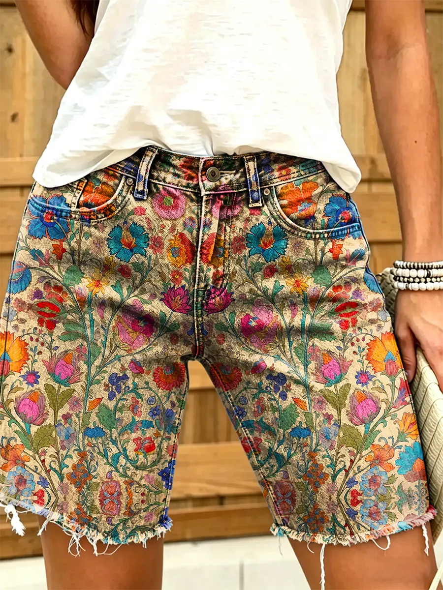 Ethnicity Flowers Geometry Women's Art Print Casual Denim Shorts