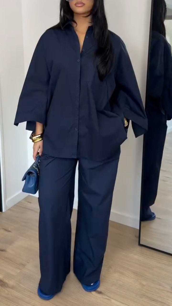 Oversized Button Shirt Wide Leg Pants Set
