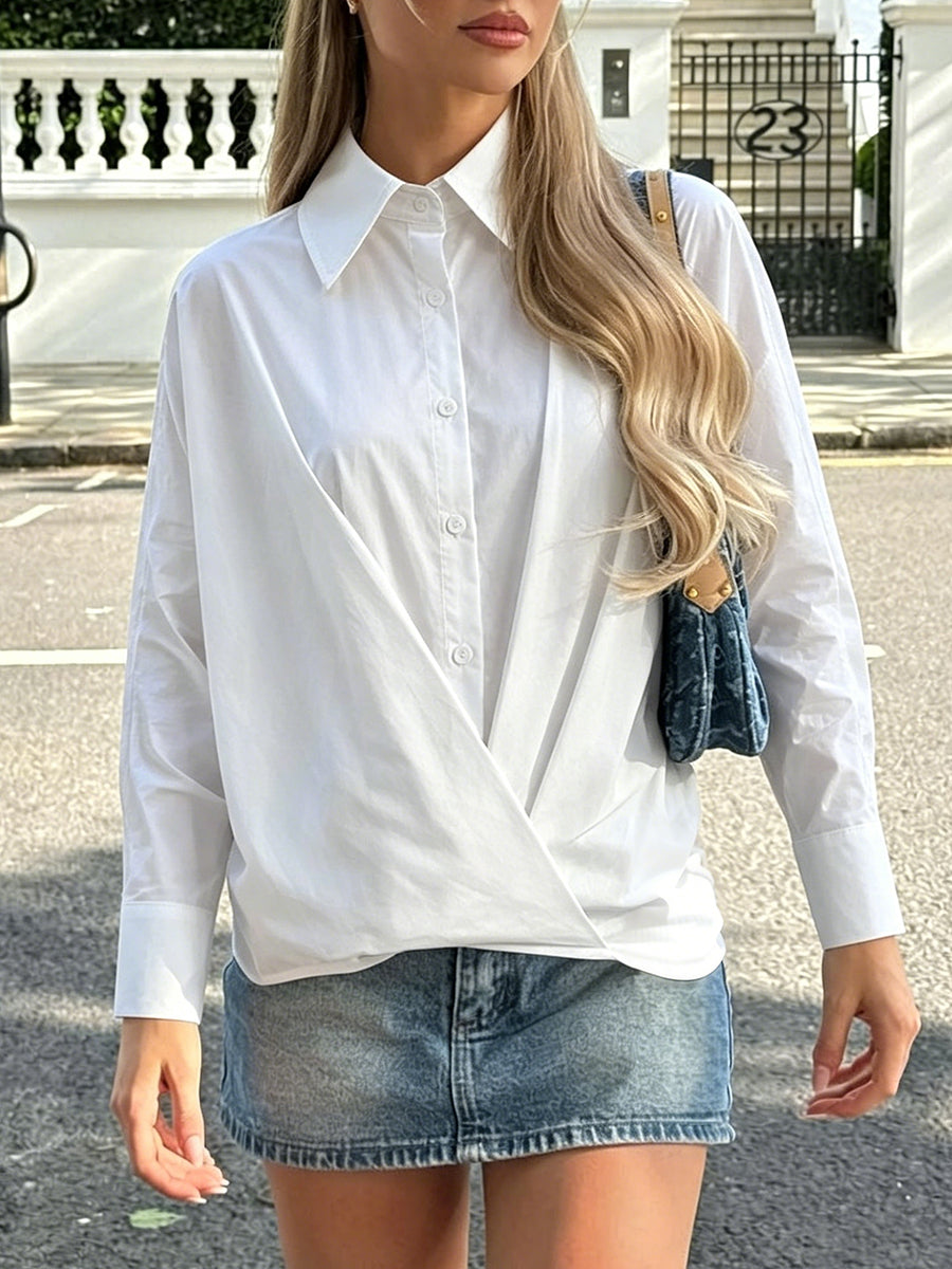 Batwing Sleeves Long Sleeves Buttoned Solid Color Lapel Blouses&Shirts Tops