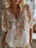 Summer Rice Noodle Flower Embroidery V-neck Thin Linen Short-sleeved Shirt