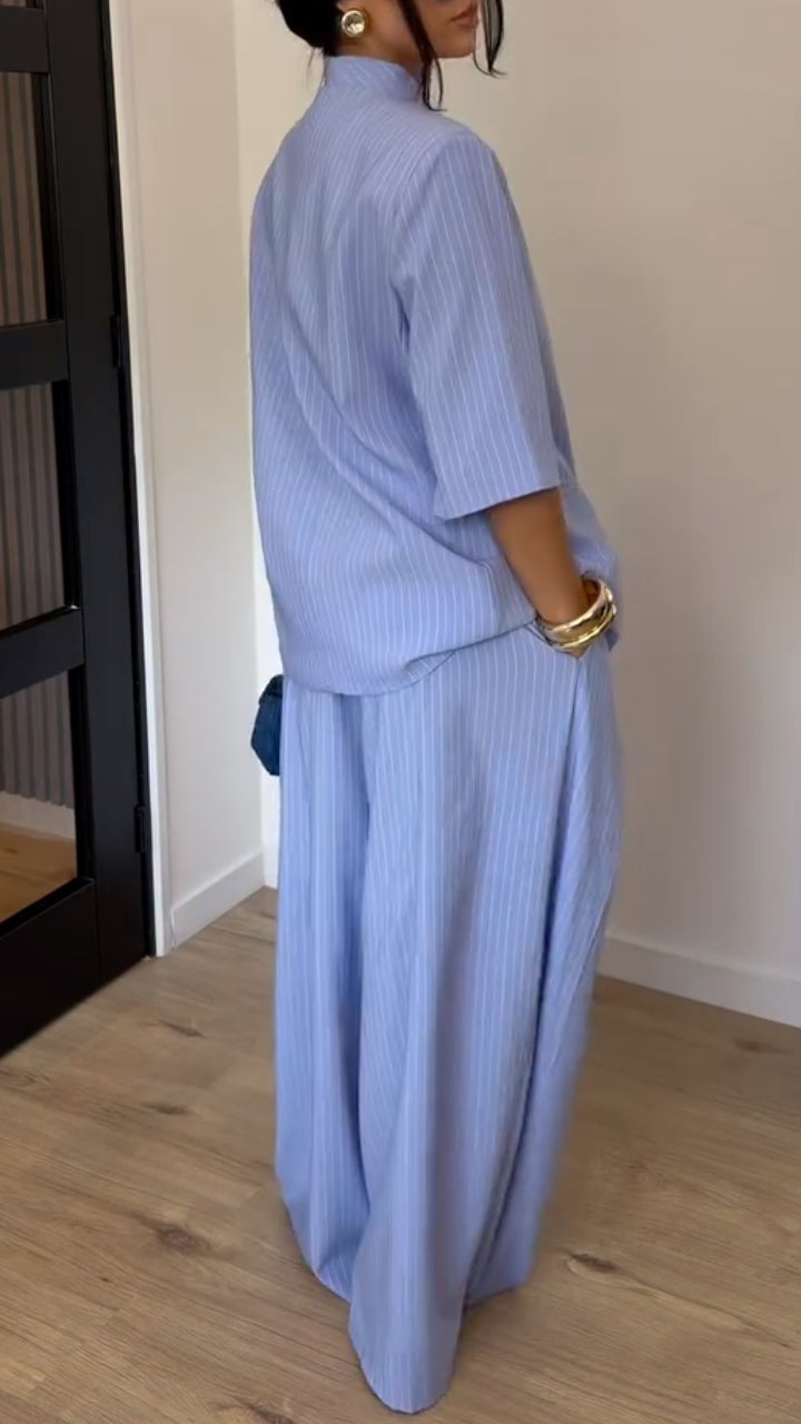Pinstripe Stand Collar Blazer & Wide Leg Pants Co‑Ord Set