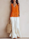 Bohemian Lace Trim Resort Orange Embroidered Top & White Flow Skirt Set