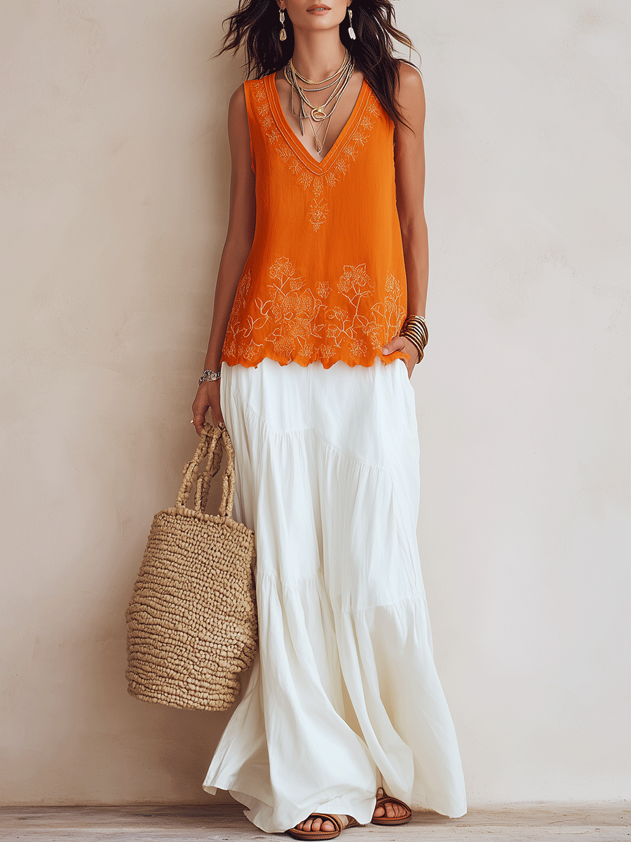 Bohemian Lace Trim Resort Orange Embroidered Top & White Flow Skirt Set