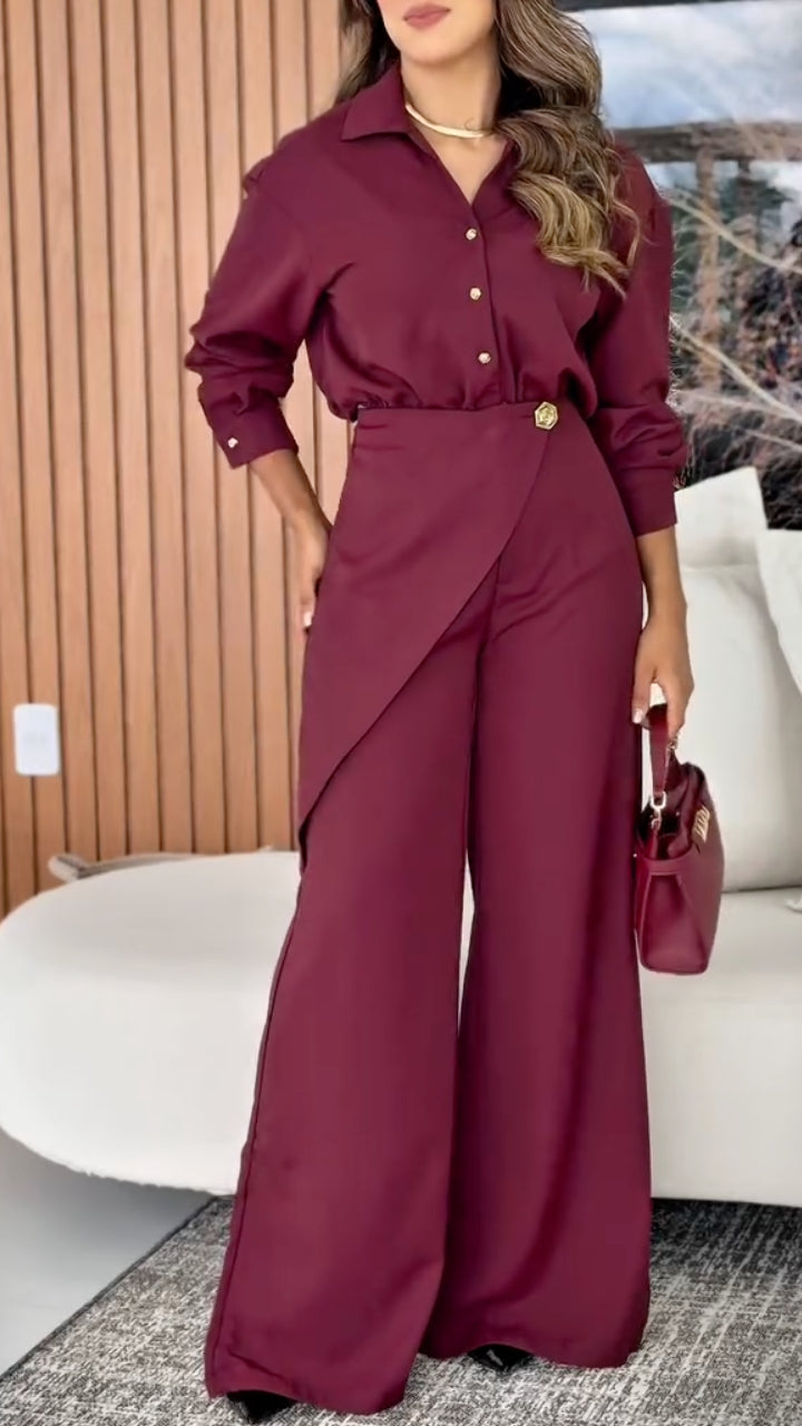 Collared Shirt & Wrap‑Waist Wide Leg Pants Co‑Ord Set
