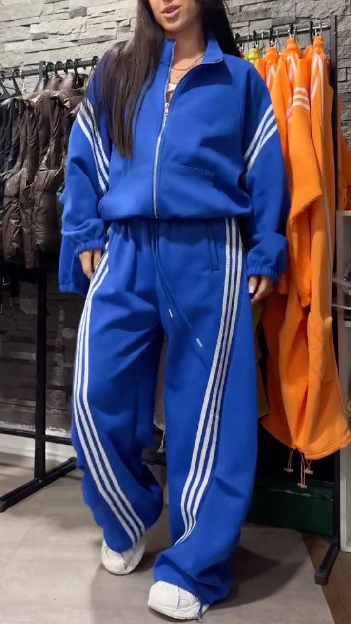3-Stripe Athletic Zip-Up Sweatshirt + Wide-Leg Pants Set