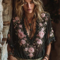 Ladies' Pink Rose Black Casual V-neck Short Sleeved Top