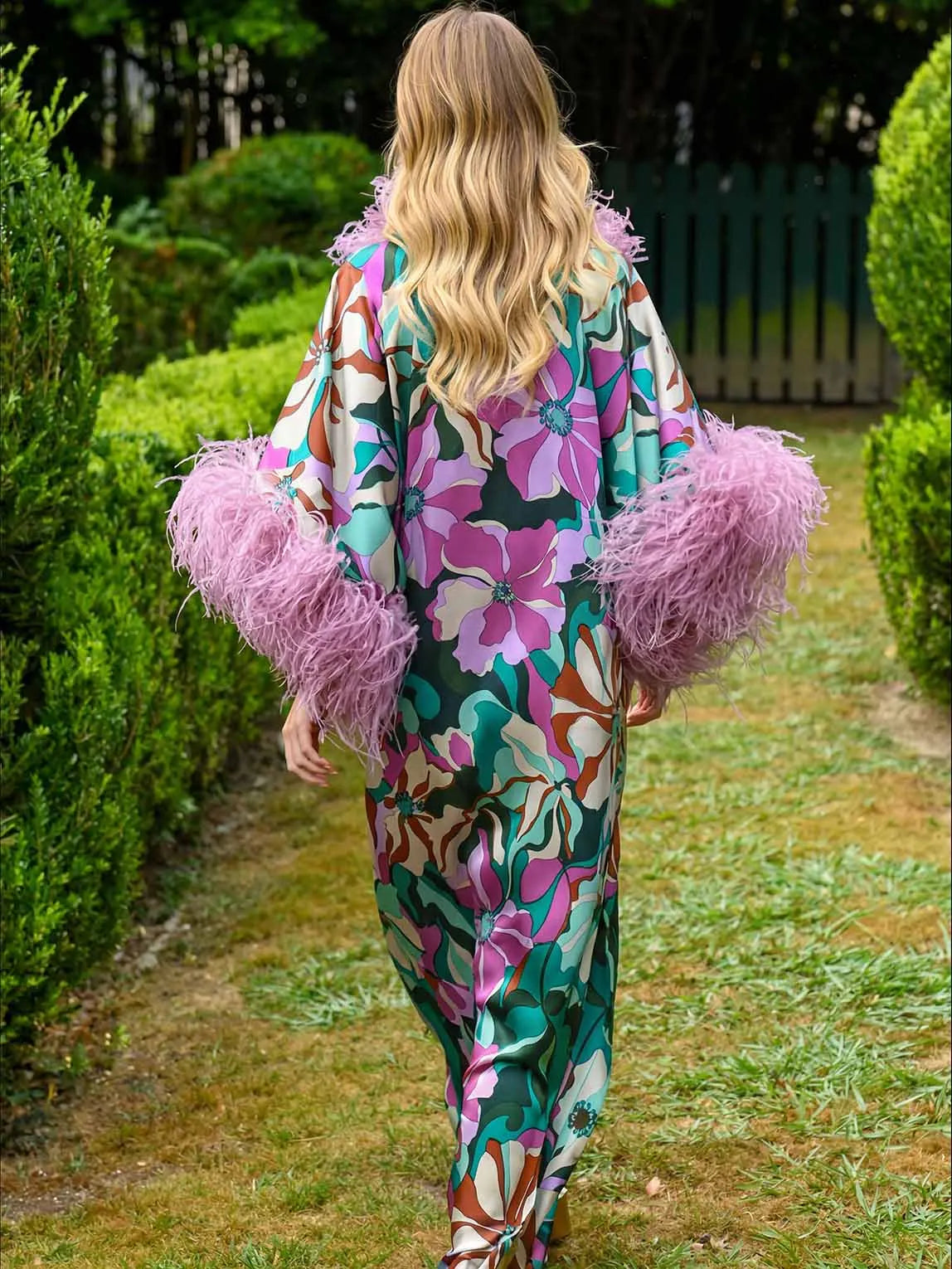 Elegant Floral Print Feather Cuff Satin Maxi Dress