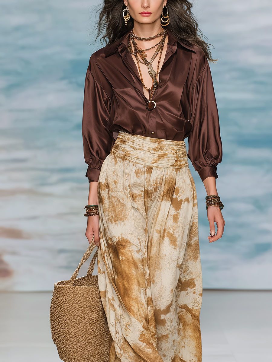 Bohemian Brown Satin Shirt And Skirt Suit