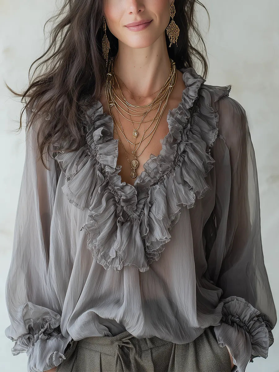 Romantic Ash Gray Cascading Ruffle Blouse