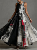 Music Notes Piano Keys Contrast Colorblock Linen Maxi Dress 43c1