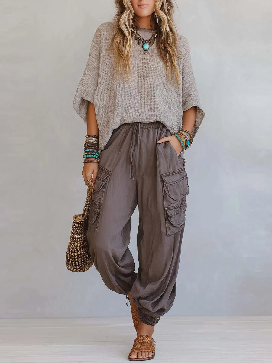 Casual & Cozy Two-piece Set: Waffle-knit Cotton Top And Cotton Cargo Pants