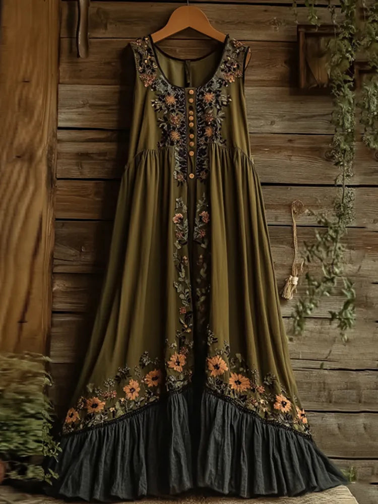 Vintage Tribal Lace Embroidered Floral Art Linen Maxi Dress