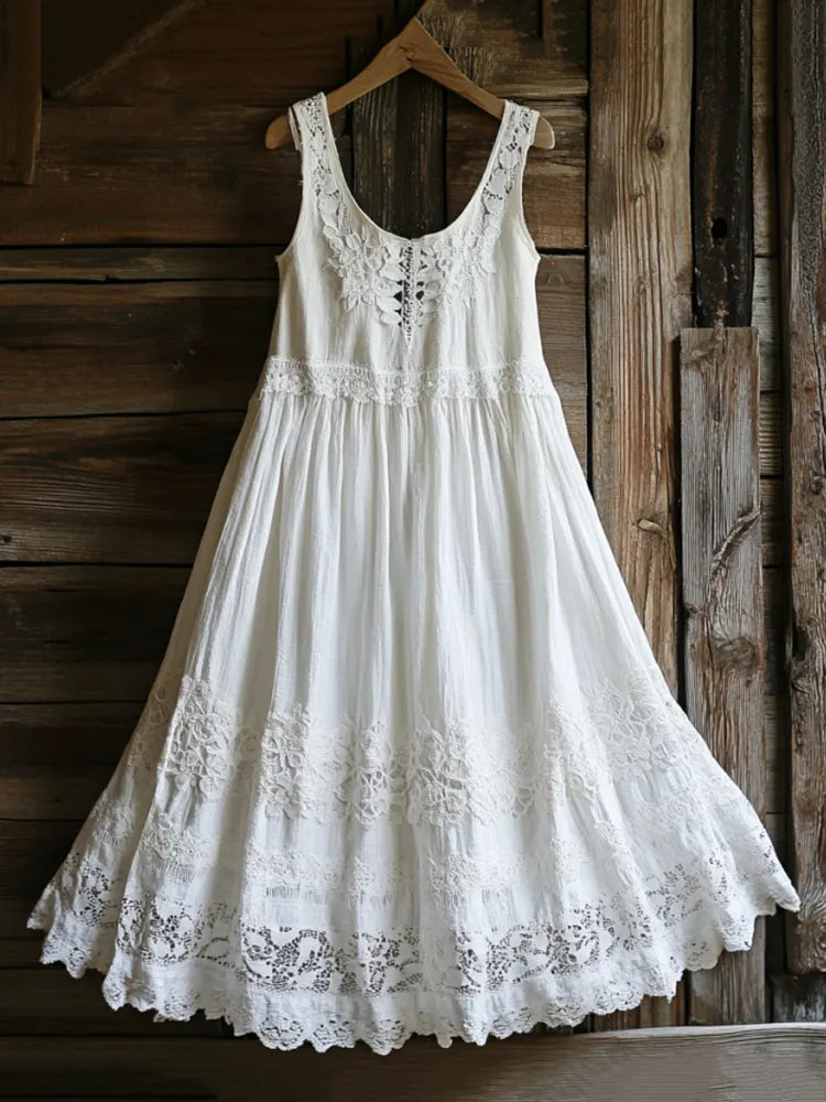 Vintage Floral Lace Art Linen Tank Dress