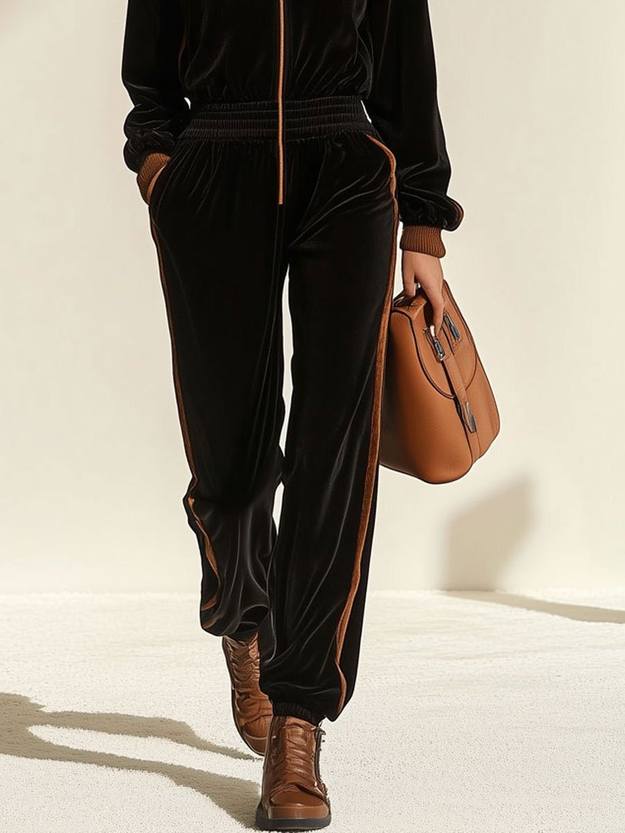 [24-hour shipping out]Casual Loose Retro Velvet Colorblock Zipper Hooded Jumpsuit