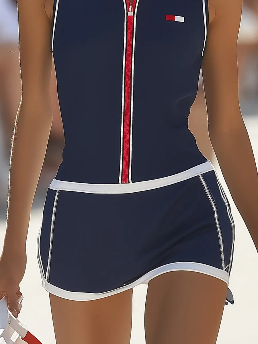 [24-hour shipping out]Fashion Retro Lapel Zipper Navy Blue Sleeveless Mini Dress