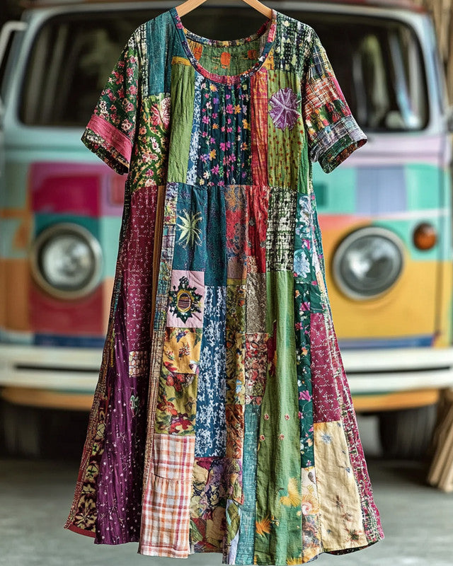 Summer vacation loose patchwork cotton and linen dress 90d2