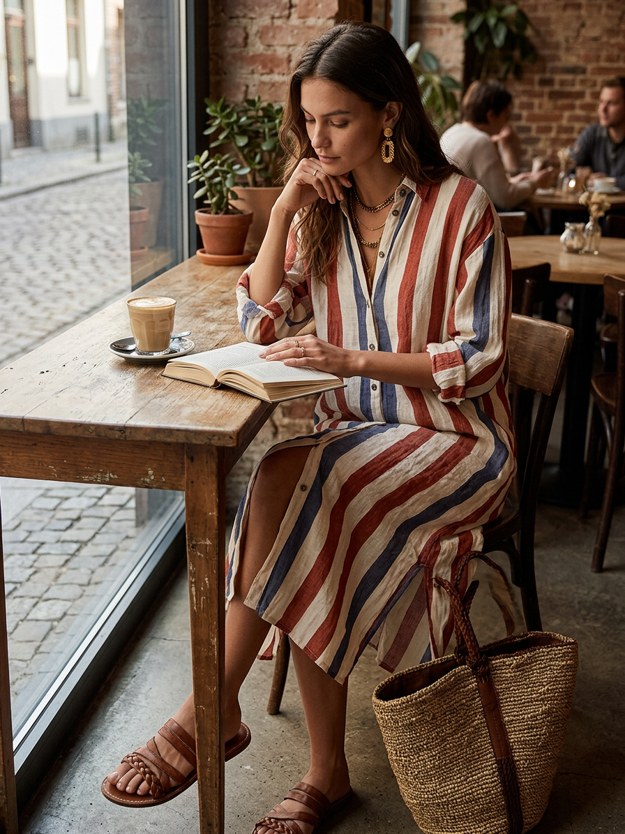 Casual Chic Coastal Breeze Lightweight Patriotic Stripe Midi Dress