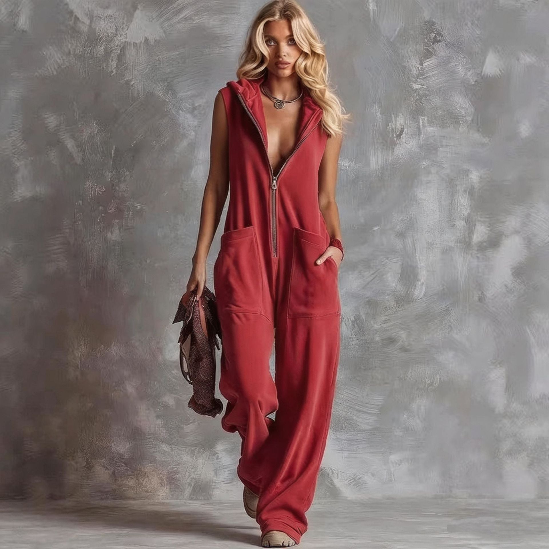 Effortless Hooded Sleeveless Jumpsuit - Chic Full-Zip Wide Leg One-Piece Romper
