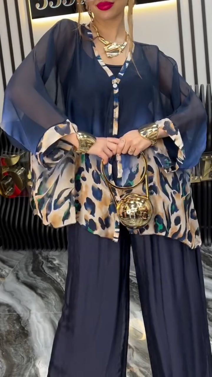 Gradient Leopard Print Chiffon Shirt & Wide Leg Pants Two Piece Se