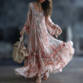 Women's Retro Floral Art Print Flowy Linen Blend Casual Long Sleeve Maxi Dress