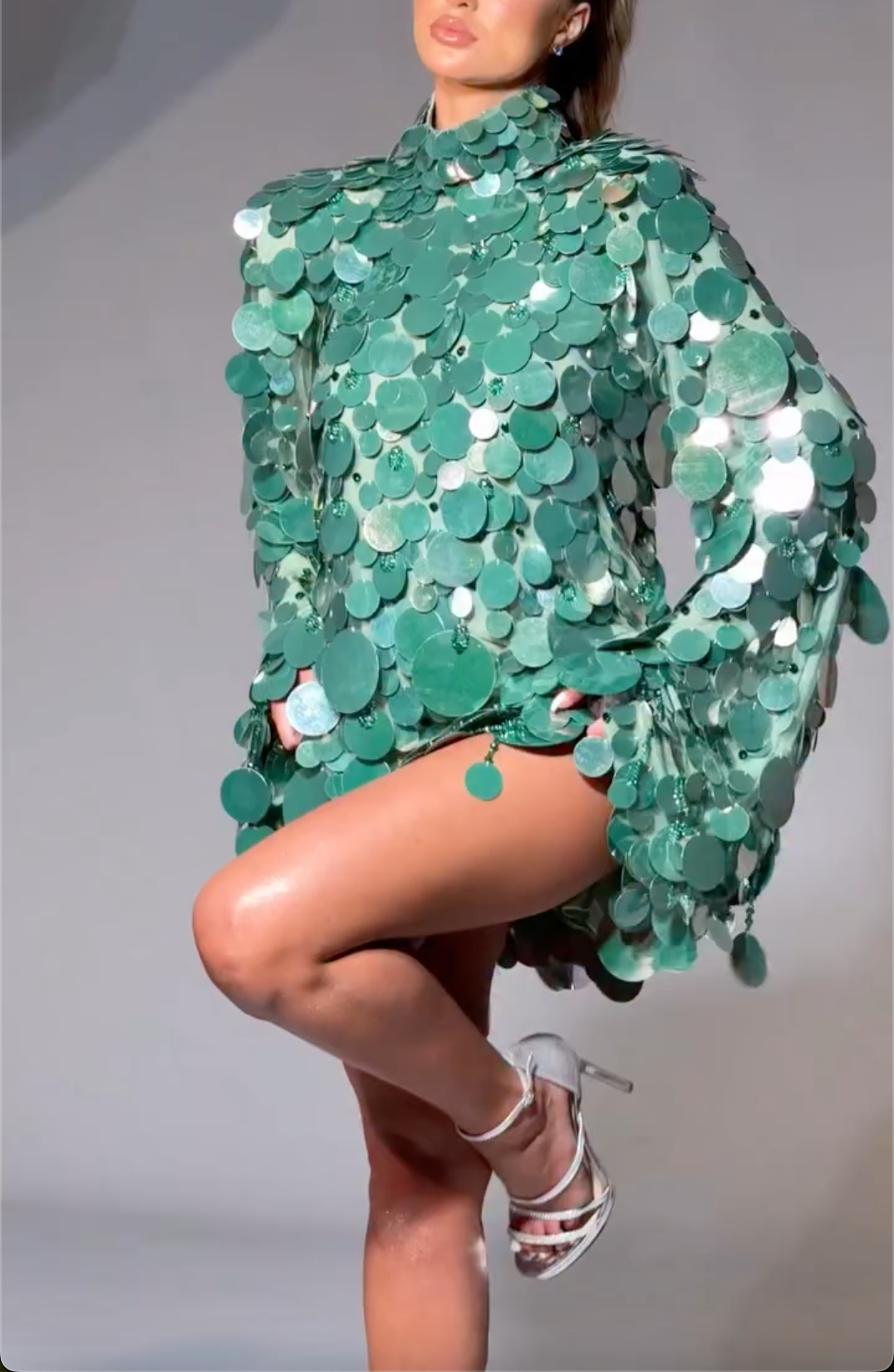 Green Large Sequin High Neck Long Sleeve Mini Dress