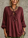Lace-paneled Cotton-linen Top With Tie Detail — Loose-fit, Three-quarter Sleeve, Cotton-feel Fabric