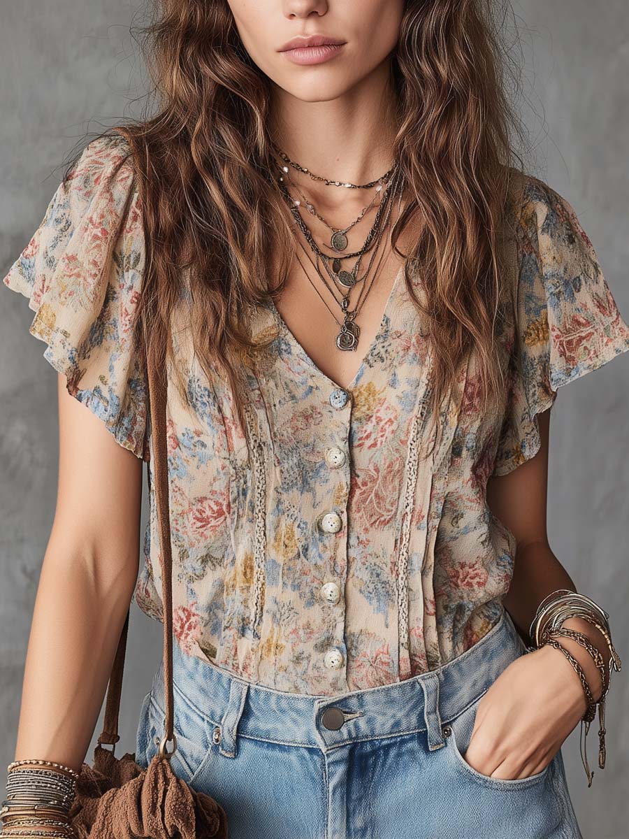 Boho Vintage Oil-Painting Style Printed Cotton-Linen Blouse