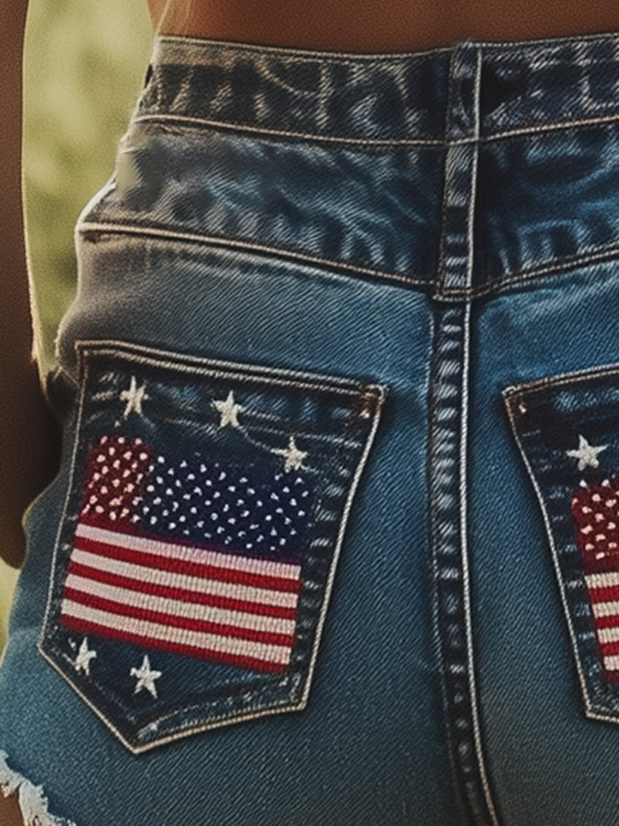 [24-hour shipping out]Fashionable Sexy Pocket Embroidered Denim Shorts