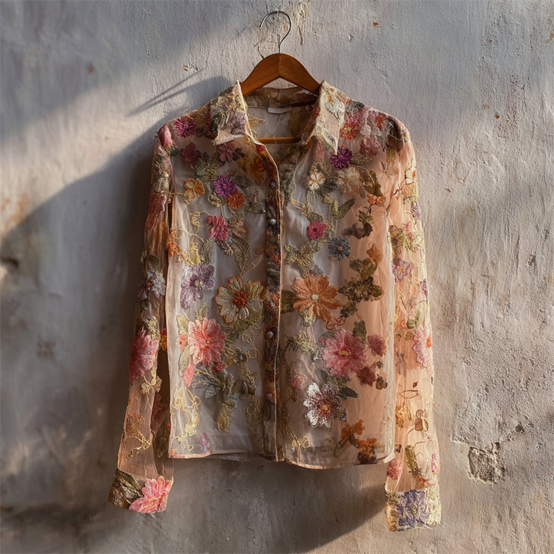 Vintage Elegant Floral Embroidered Flowy Blouse