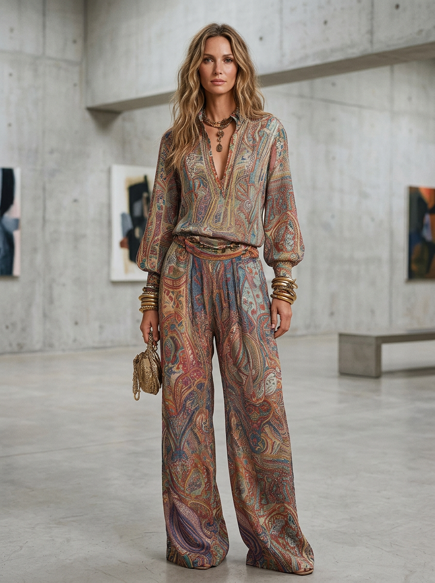 Exquisite paisley print wide leg pantsuit