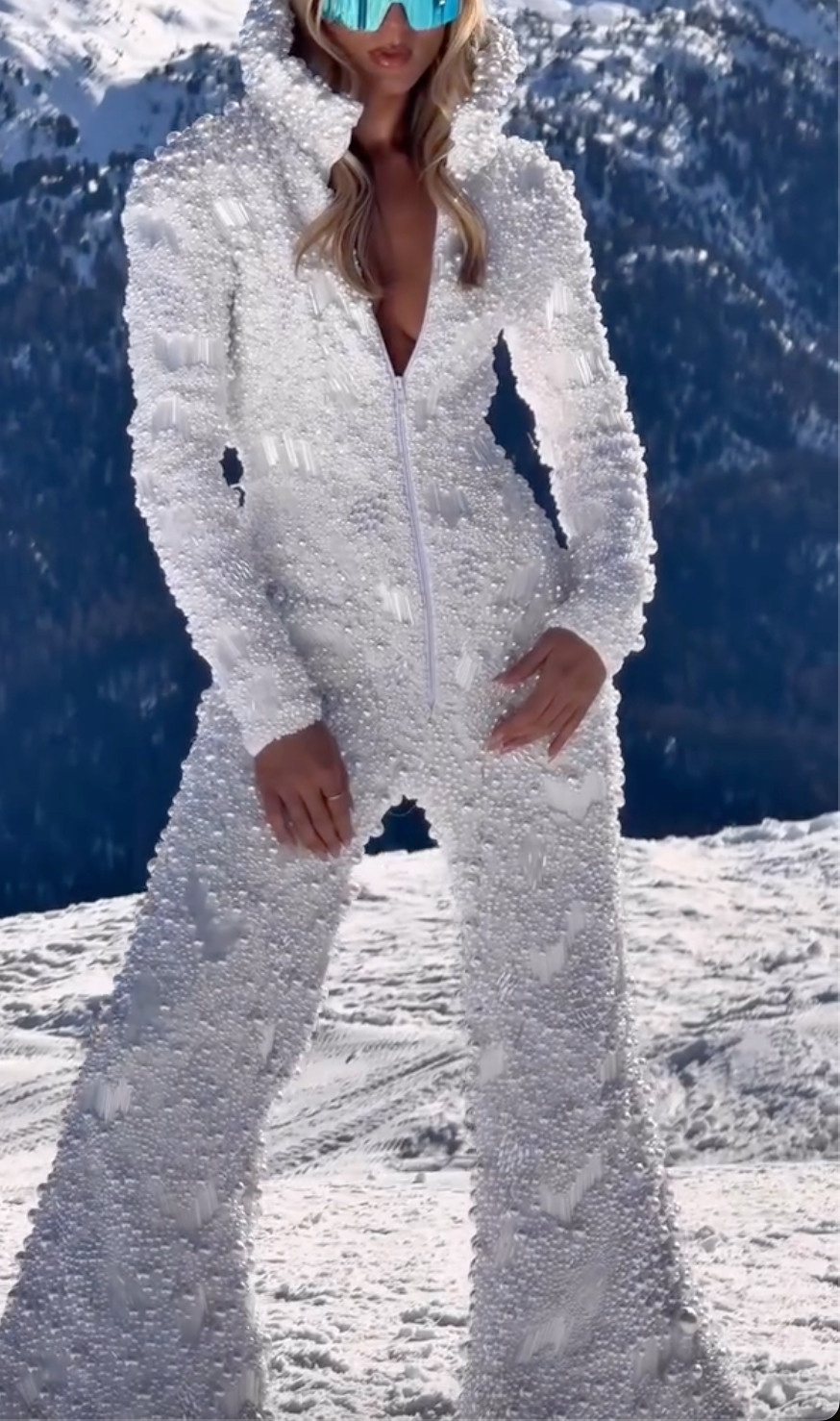 White Beaded Hooded Zip-Up Flared Jumpsuit with Crystal Embellishments