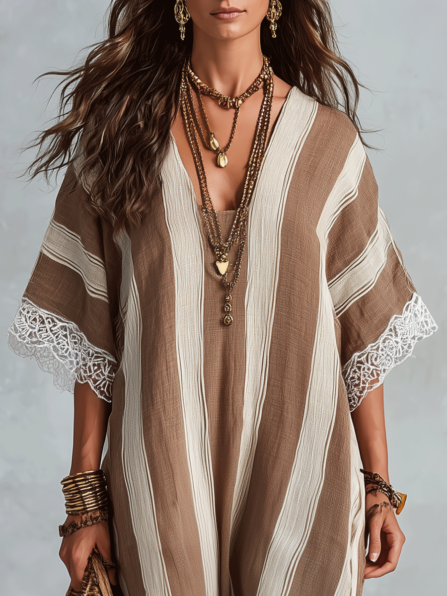 Effortless Coastal Elegance Neutral Stripe Lace Trim Maxi Dress