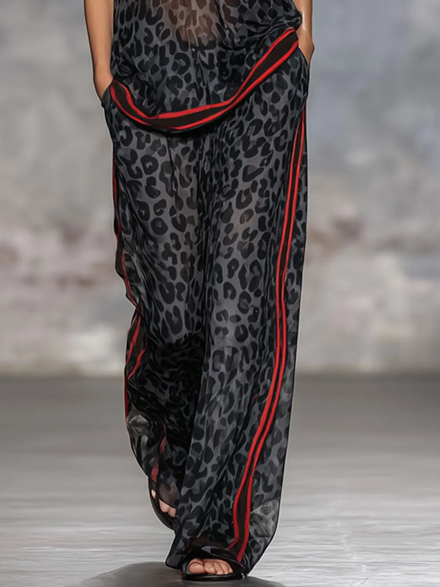 Leopard Print Chiffon Short-sleeved Top And Trousers Set