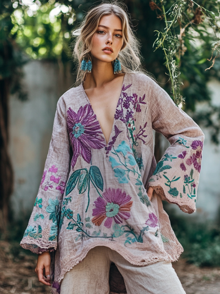 Vintage Floral Embroidered Linen V Neck Tunic