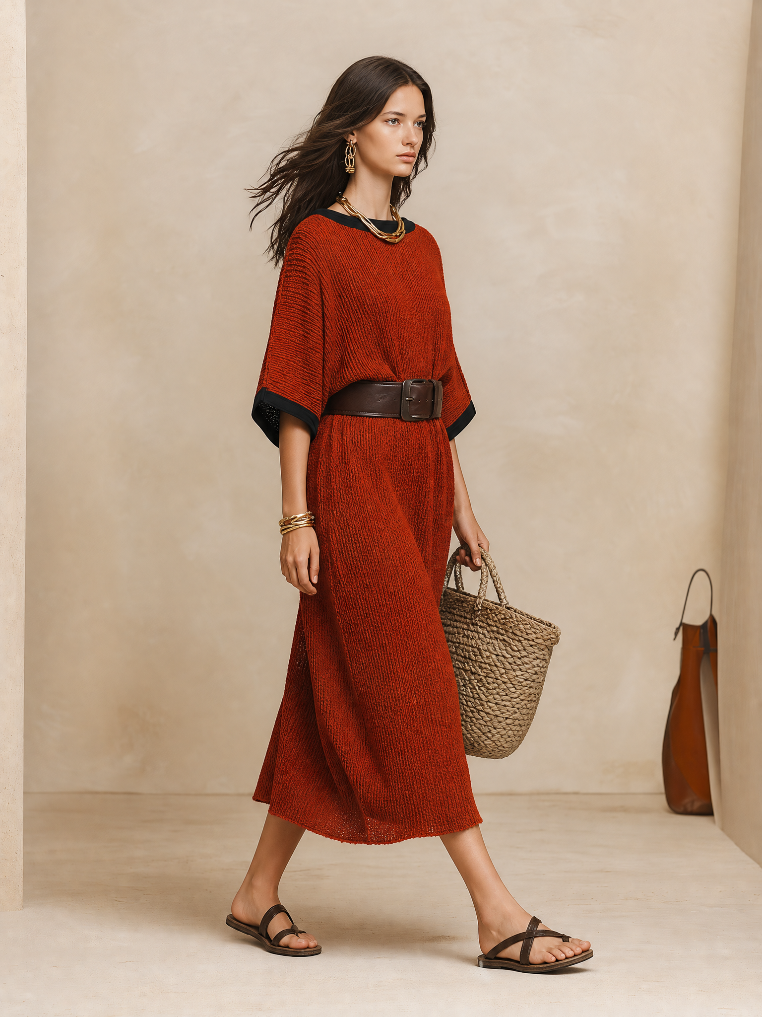 Minimalist Autumn Sweater-Knit Round-Neck Cocoon Brick Red Maxi Dress