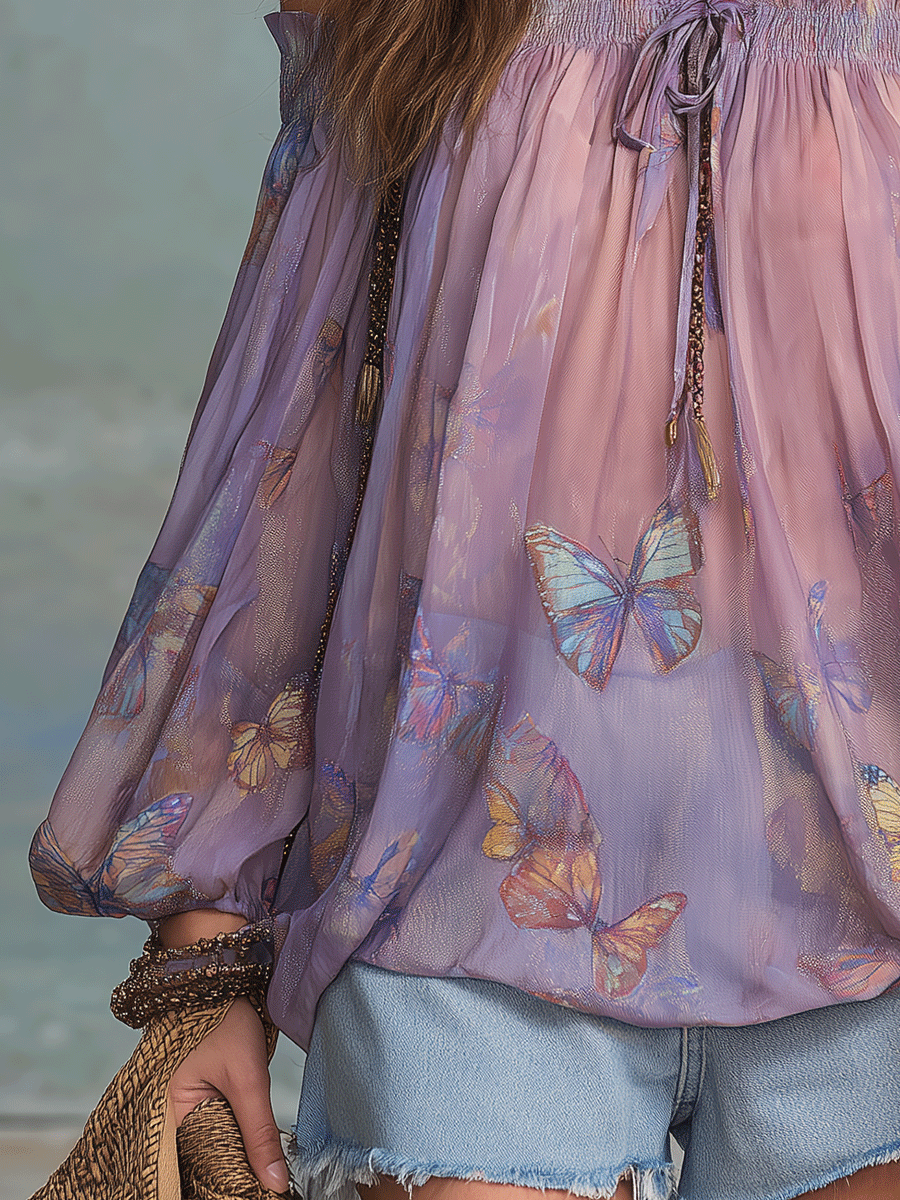 Boho Butterfly Print Off-Shoulder Smocked Tie-Neck Flowy Blouse