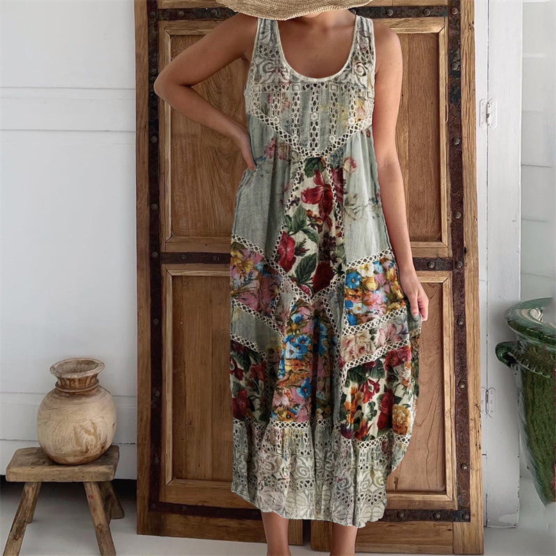Boho Floral & Lace Patchwork Linen Tank Dress