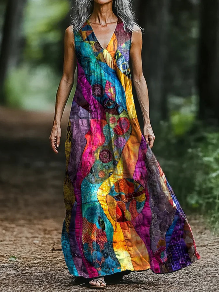 Women's Abstract Rainbow Art Print V-neck Tank Midi Dress