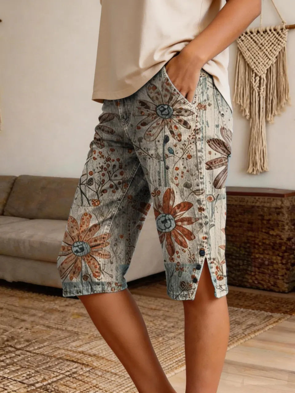 Women's Retro Bohemian Patchwork Floral Art Print Casual Denim Shorts