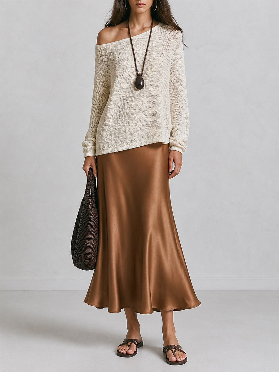 Slouchy One-Shoulder Long Sleeve Knit Pullover