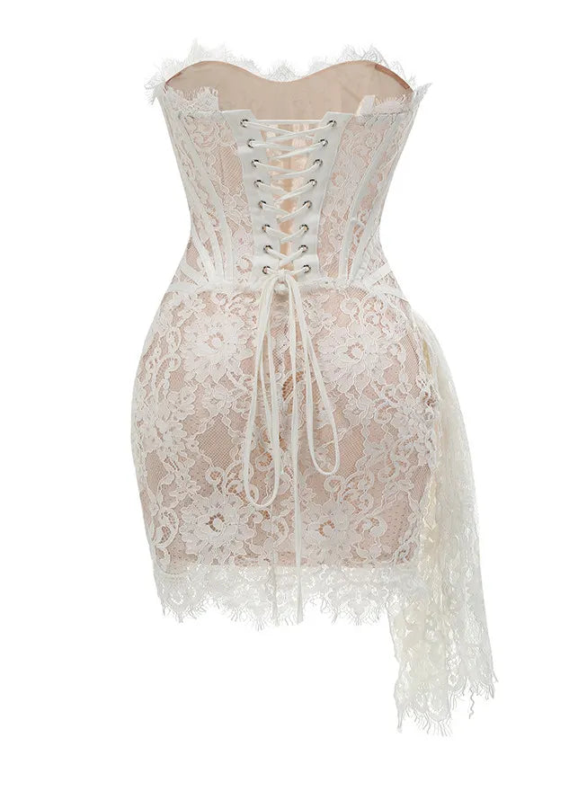 Strapless Lace Draped Corset Dress White